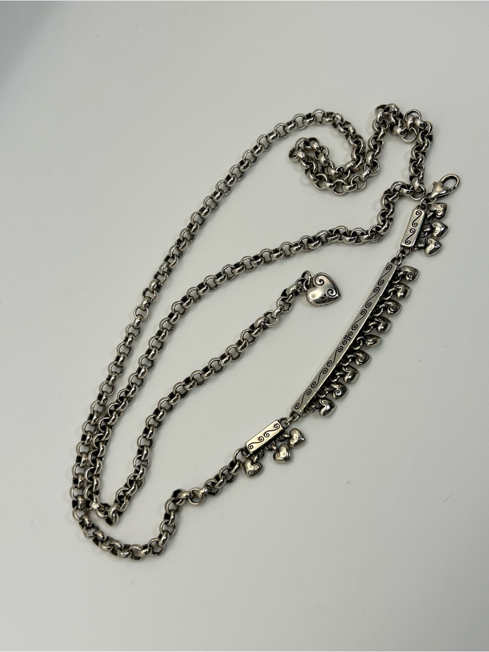 Brighton Dangling Hearts Chain Belt 40"L Round Link Silver Plated Vintage - Picture 10 of 12